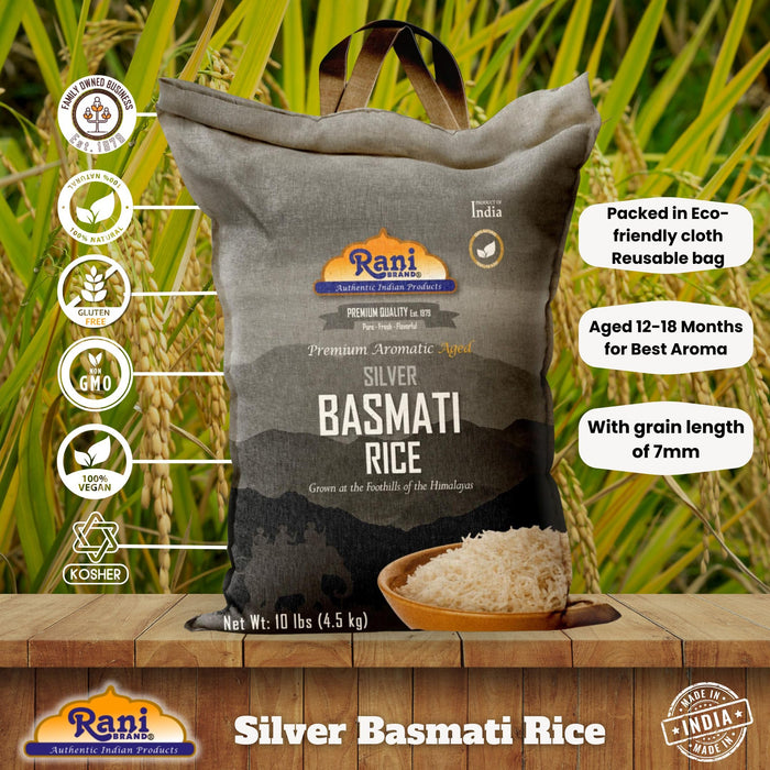 Rani Silver White Basmati Rice Extra Long Aged 10-Pound Bag, 160oz (10lbs) 4.53kg ~ All Natural | Gluten Friendly | Vegan | Indian Origin | Kosher | Export Quality