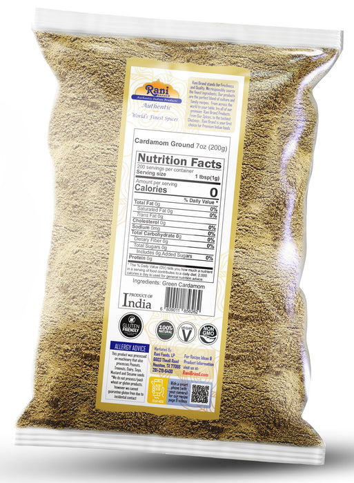 Rani Cardamom (Elachi) Ground, Powder Indian Spice 7oz (200g) ~ All Natural | No Color added | Gluten Friendly | Vegan | NON-GMO | Kosher | No Salt or fillers