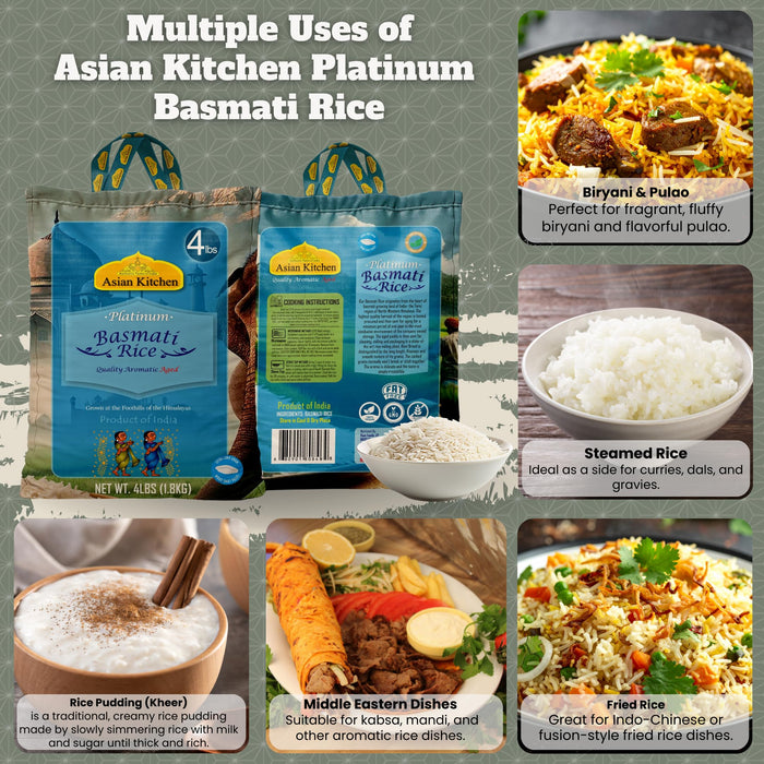 Asian Kitchen Platinum White Basmati Rice Extra Long Aged 4lbs (1.81kg) ~ All Natural | Gluten Friendly | Vegan | Indian Origin | Export Quality