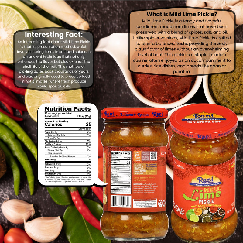 Rani Lime Pickle Mild (Achar, Spicy Indian Relish) 10.5oz (300g) ~ Glass Jar, All Natural | Vegan | Gluten Friendly | NON-GMO | Kosher | No Colors
