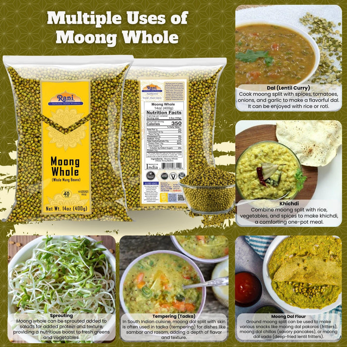 Rani Moong Whole (Ideal for cooking & sprouting, Whole Mung Beans with skin) Lentils Indian 14oz (400g) ~ All Natural | Gluten Friendly | Non-GMO | Kosher | Vegan | Indian Origin