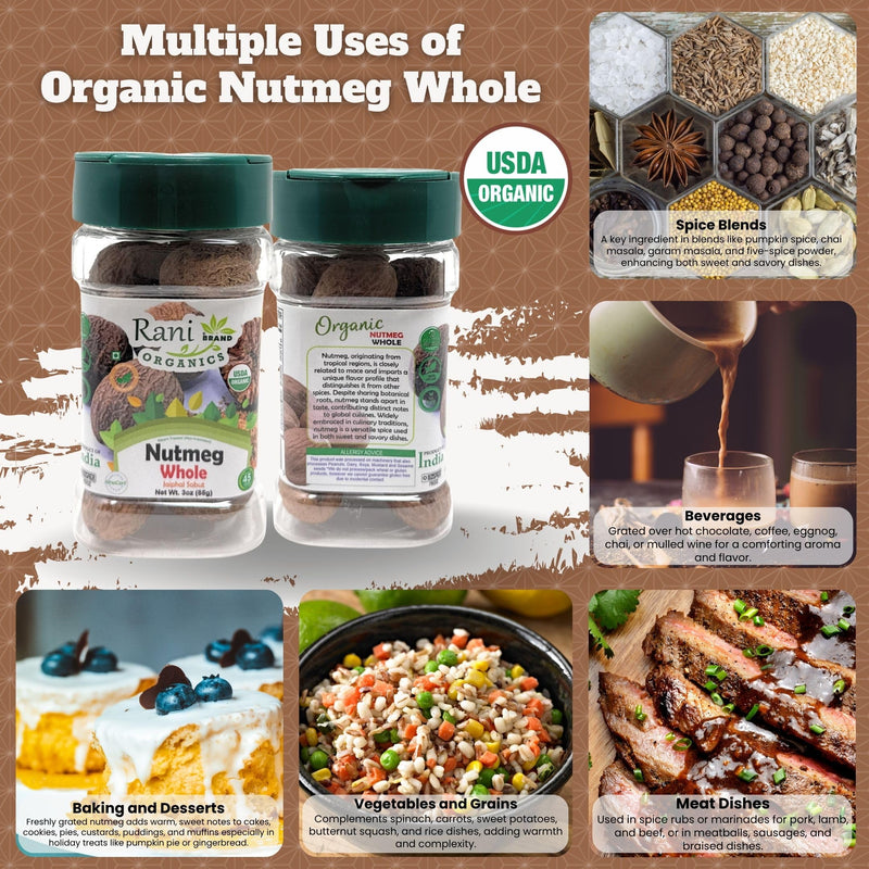 Rani Organic Nutmeg (Jaiphul) Whole Spice, 17-19 Pieces, 3oz (85g) PET Jar ~ All Natural | Vegan | Gluten Friendly | NON-GMO | Kosher | Indian Origin | USDA Certified Organic