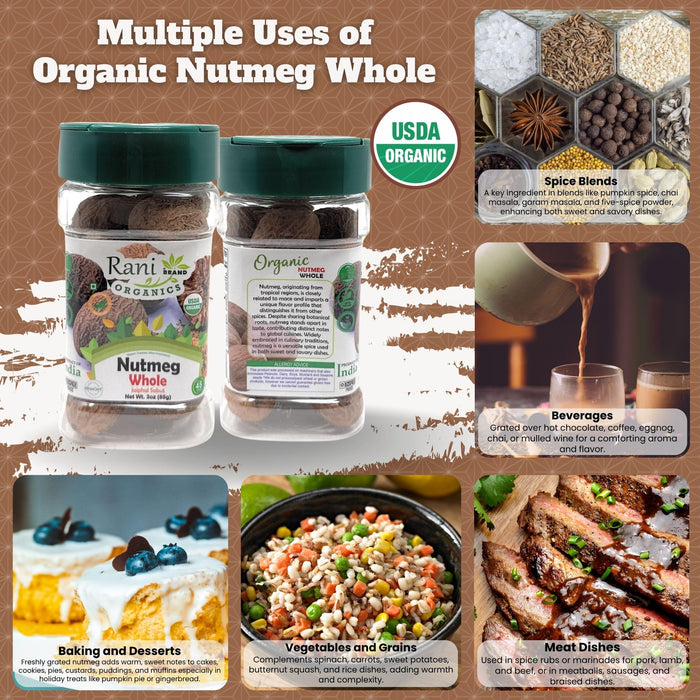 Rani Organic Nutmeg (Jaiphul) Whole Spice, 17-19 Pieces, 3oz (85g) PET Jar ~ All Natural | Vegan | Gluten Friendly | NON-GMO | Kosher | Indian Origin | USDA Certified Organic