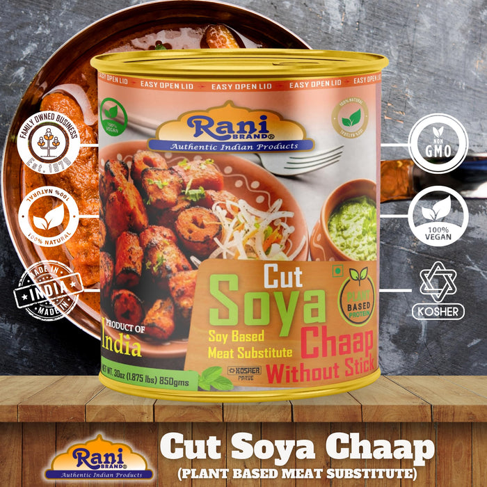 Rani Cut Soya Chaap Whitout Stick (Plant Based Protein) 30oz (1.875lbs) 850g Pack of 18 ~ Easy Open Lid | All Natural | Vegan | No Colors | NON-GMO | Kosher | Indian Origin | Soy Based Meat Substitute