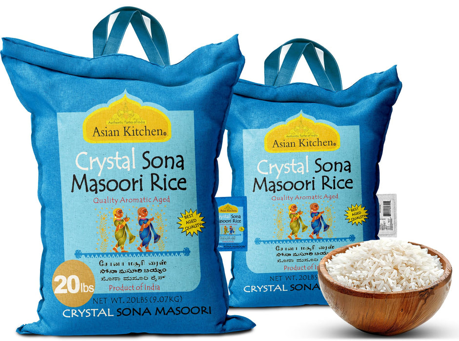 Asian Kitchen Crystal Sona Masoori Aged Rice 20lbs (9.08kg) Short Grain Rice ~ All Natural | Gluten Friendly | Vegan | Indian Origin | Export Quality