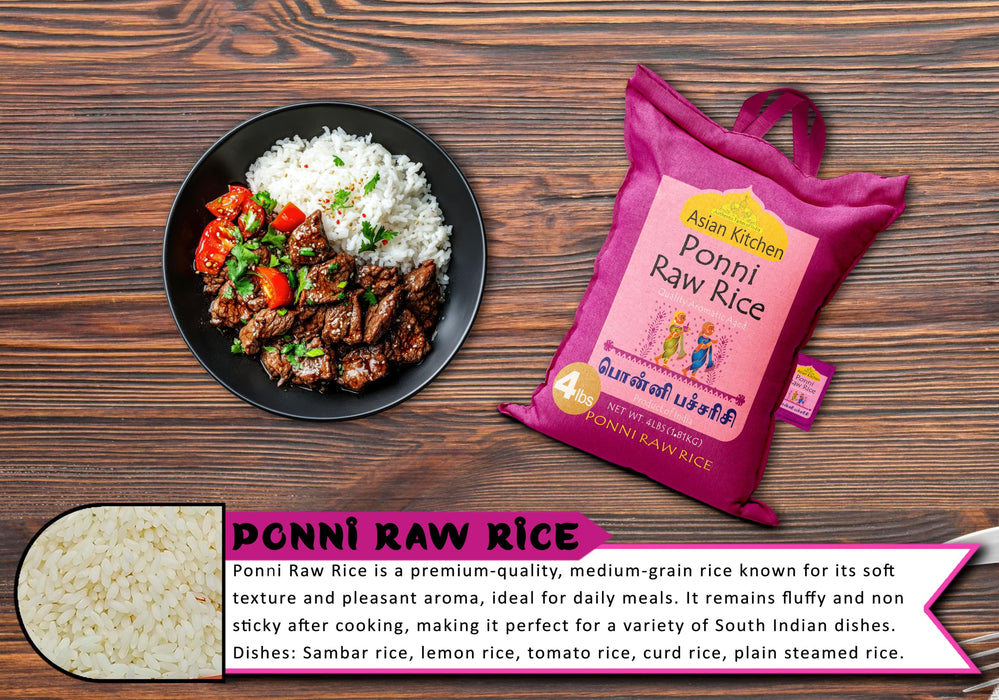 Asian Kitchen Ponni Raw Rice 4-Pound Bag, 4lbs (1.81kg) Short Grain Rice ~ All Natural | Gluten Friendly | Vegan | Indian Origin | Export Quality