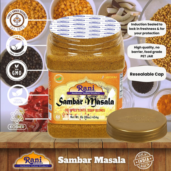 Rani Sambar Masala (Lentil Soup Spice Blend) 16oz (1lb) 454g PET Jar ~ All Natural | Vegan | No Colors | Gluten Friendly | NON-GMO | Kosher | Indian Origin