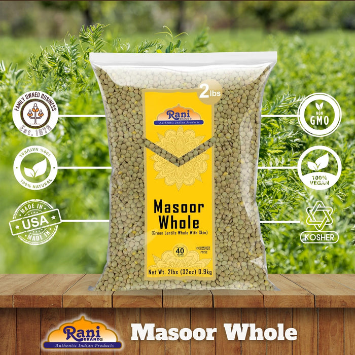 Rani Masoor Whole (Green Lentils Whole With Skin) 32oz (2lbs) 908g ~ All Natural | Vegan | Gluten Friendly | Non-GMO | Kosher | Product of USA