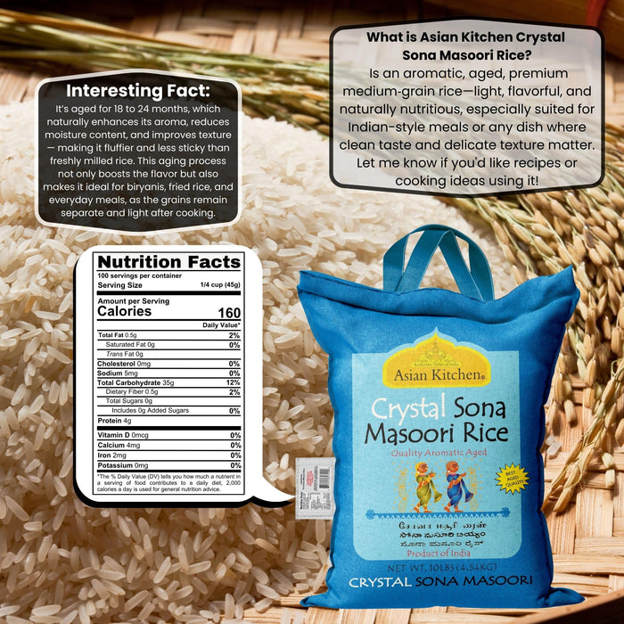Asian Kitchen Crystal Sona Masoori Aged Rice 10lbs (4.54kg) Short Grain Rice ~ All Natural | Gluten Friendly | Vegan | Kosher | Indian Origin | Export Quality