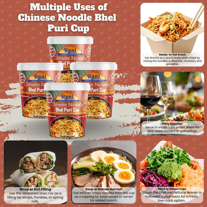 Rani Chinese Noodle Bhel Puri Cup (Spicy & Crunchy Indian Snack w/mouth watering Indian Chutneys) 3.5oz (100g), Pack of 4 ~ Ready to Eat | Vegan | NON-GMO | Indian Origin