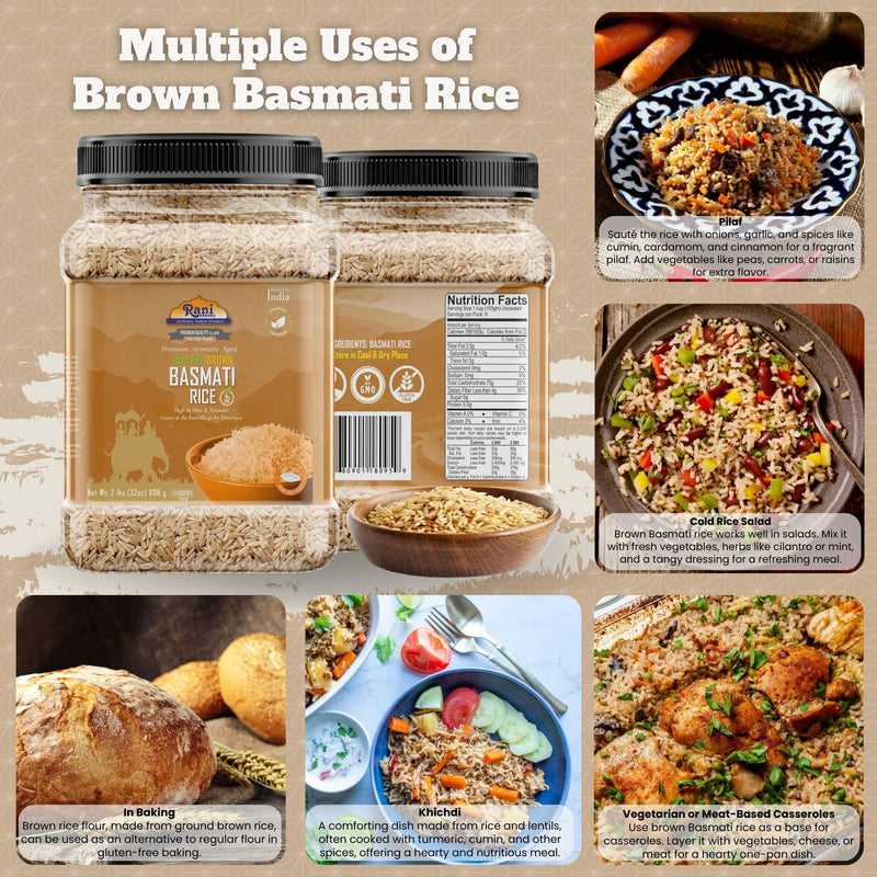 Rani Brown Basmati Rice Extra Long Aged 32oz (2lbs) 908g PET Jar ~ All Natural | Gluten Friendly | Vegan | Indian Origin | Kosher | Export Quality