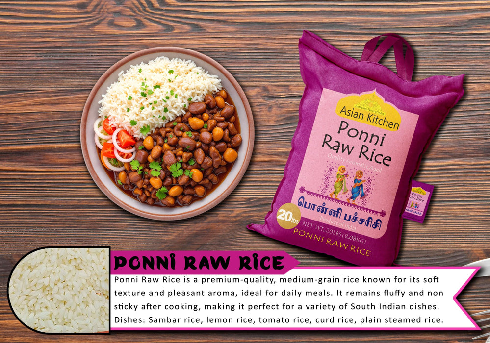 Asian Kitchen Ponni Raw Rice 20-Pound Bag, 20lbs (9.08kg) Short Grain Rice ~ All Natural | Gluten Friendly | Vegan | Indian Origin | Export Quality