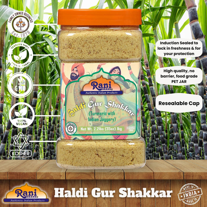 Rani Haldi Gur Shakkar (Turmeric with Indian Jaggery) Indian Unrefined Raw Cane Sugar 35oz (2.2lbs) 1kg PET Jar ~ Gluten Friendly | Vegan | NON-GMO | Kosher | No Salt or fillers | Indian Product