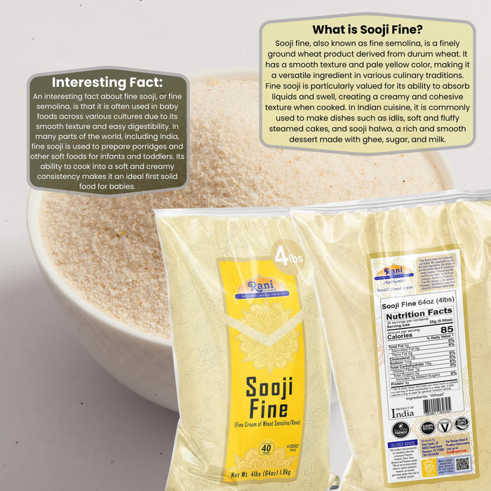 Rani Sooji Fine (Farina, Suji, Rava, Wheat) Flour, 64oz (4lbs) 1.81kg ~ All Natural | Vegan | NON-GMO | Kosher | Indian Origin