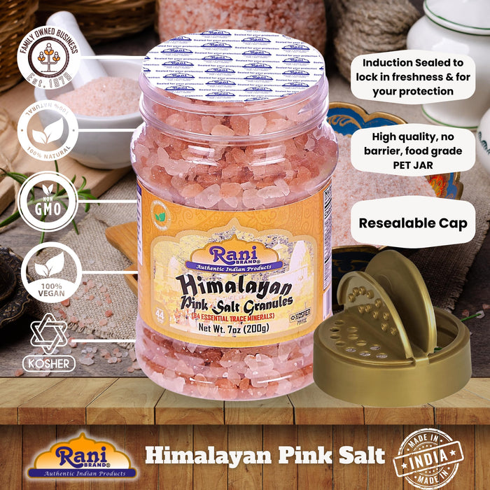 Rani Himalayan Pink Salt Granules (84 Essential Trace Minerals) 7oz (200g) PET Jar ~ All Natural | Vegan | Gluten Friendly | NON-GMO | Kosher | Indian Origin