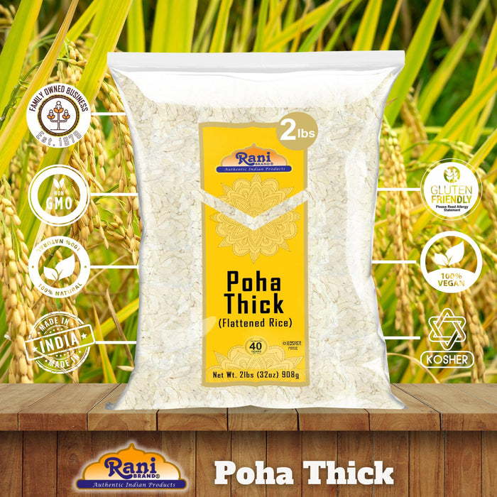 Rani Poha (Powa) Thick Medium-Cut (Flattened Rice) 32oz (2lbs) 908g ~ All Natural, Salt-Free | Vegan | Kosher | No Colors | Gluten Friendly | Indian Origin