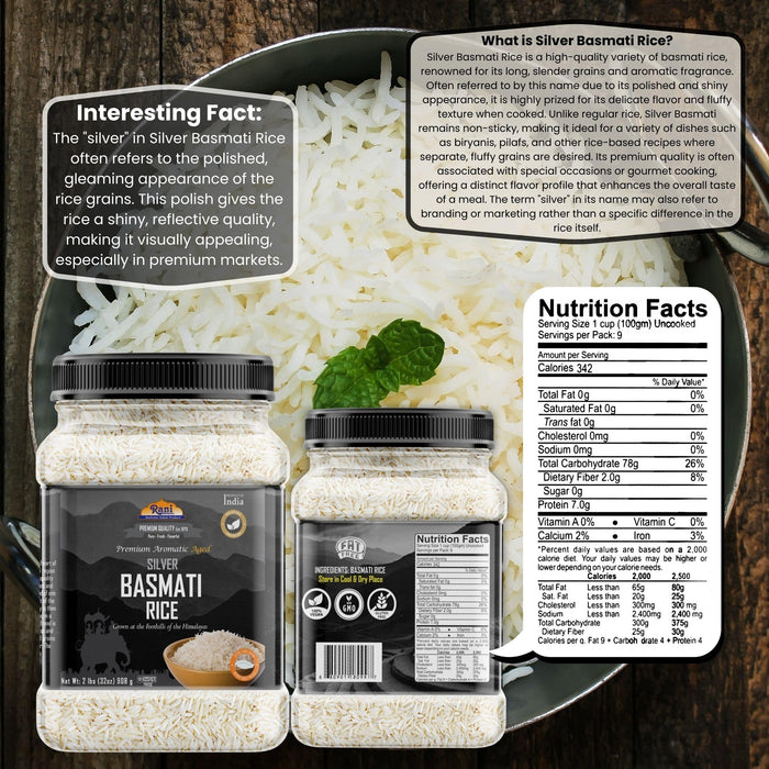 Rani Silver White Basmati Rice Extra Long Aged 32oz (2lbs) 908g PET Jar ~ All Natural | Gluten Friendly | Vegan | Indian Origin | Kosher | Export Quality