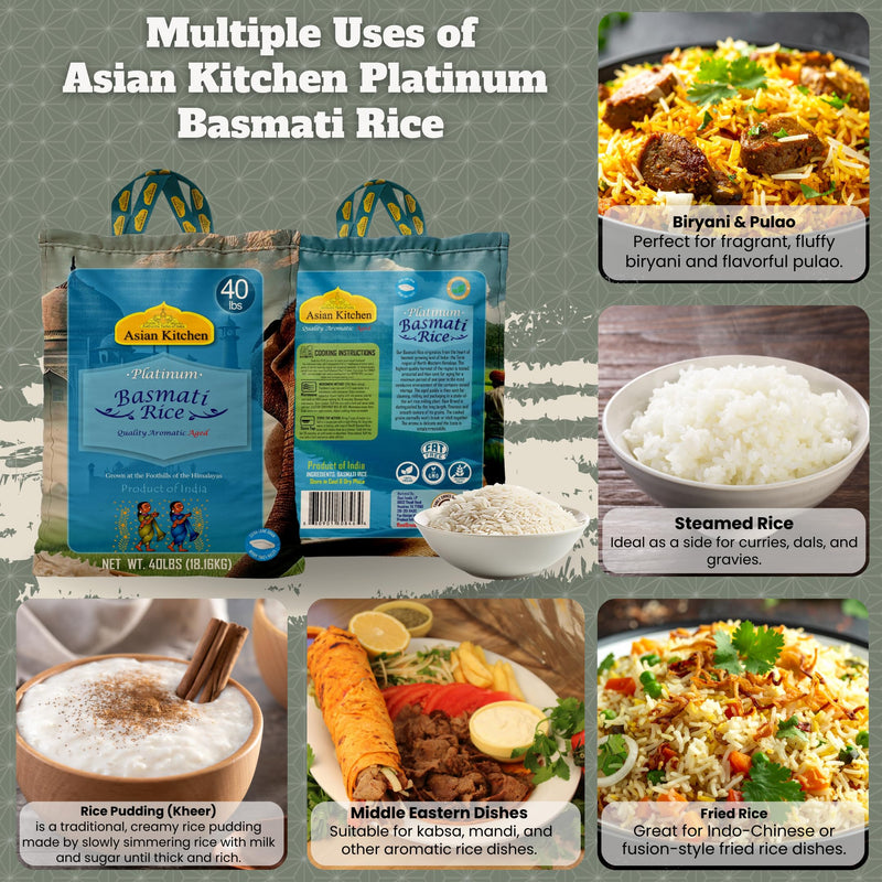 Asian Kitchen Platinum White Basmati Rice Extra Long Aged 40lbs (18.18kg) ~ All Natural | Gluten Friendly | Vegan | Indian Origin | Export Quality