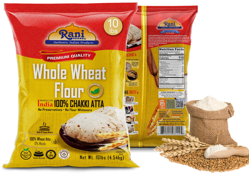 Rani Chapati Flour (100% Pure Whole Wheat Chakki Atta), For Making Roti & Indian Breads 160oz (10lbs) 4.54kg Bulk ~ Stone Ground, All Natural | Vegan | No Salt or Colors | NON-GMO | Indian Origin