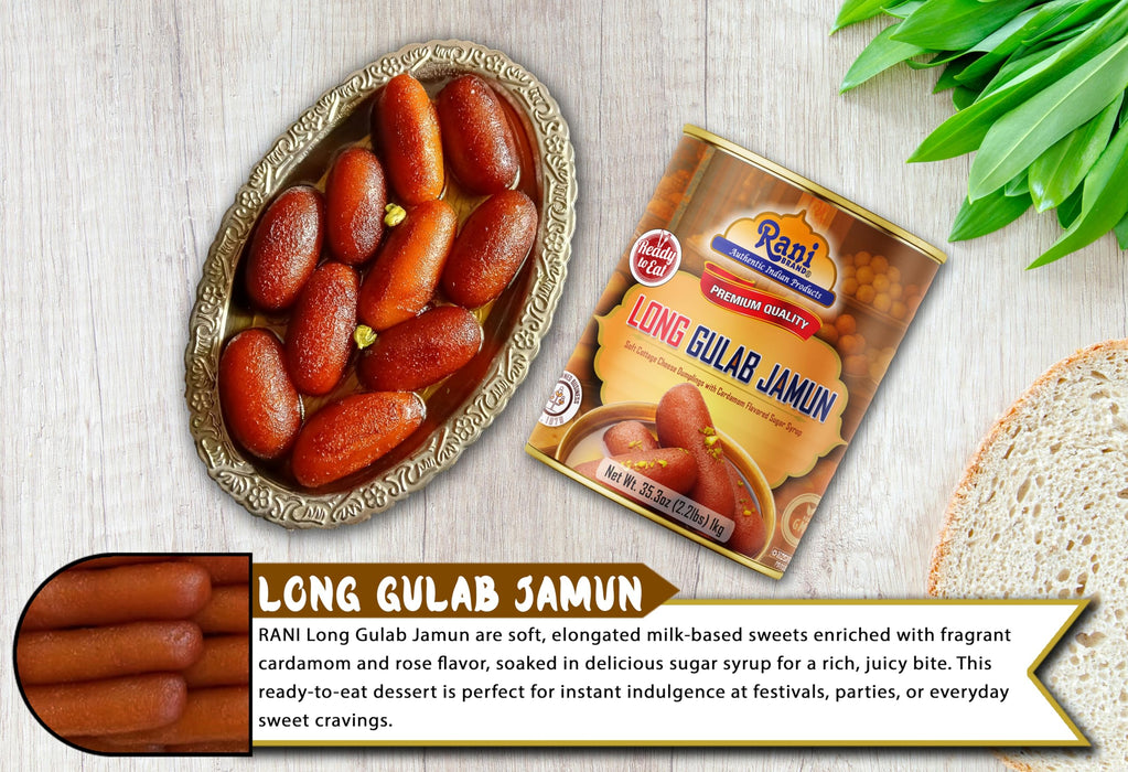 Rani Gulab Jamun Long (w/ Cardamom Flavored Sugar Syrup) 35.3oz (2.2lbs) 1kg, Pack of 2, Approximately 14 pieces, Easy Open Lid ~ Ready to eat | Vegan | Non-GMO | Kosher | Indian Origin