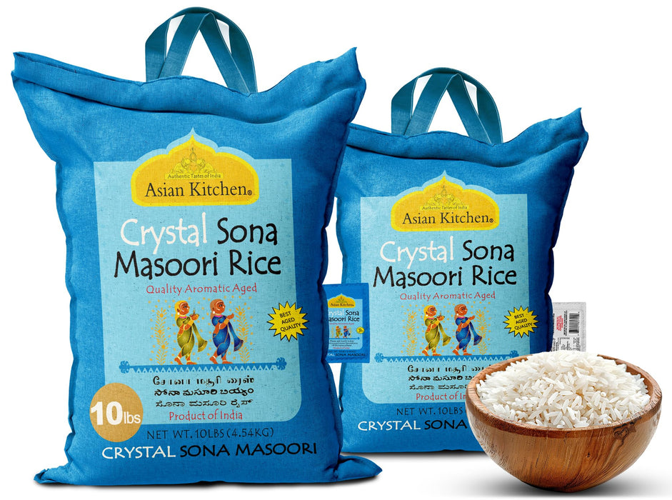 Asian Kitchen Crystal Sona Masoori Aged Rice 10lbs (4.54kg) Short Grain Rice ~ All Natural | Gluten Friendly | Vegan | Kosher | Indian Origin | Export Quality