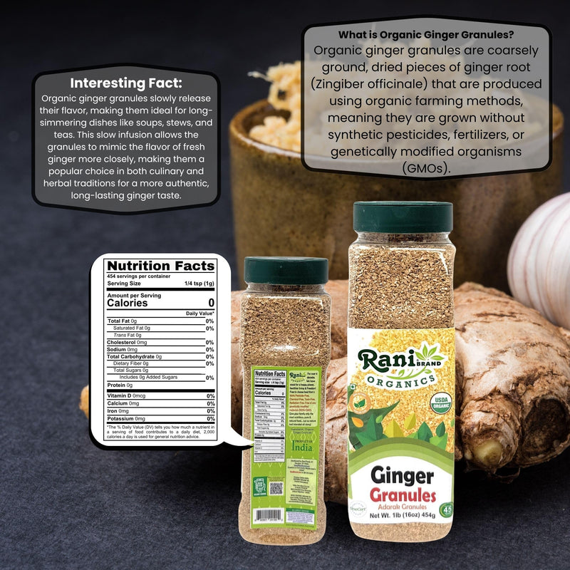 Rani Organic Granulated Ginger (Adarak Granules) 16oz (1lb) 454g PET Jar ~ All Natural | Gluten Friendly | Vegan | NON-GMO | Kosher | No Salt or fillers | Indian Origin | USDA Certified Organic