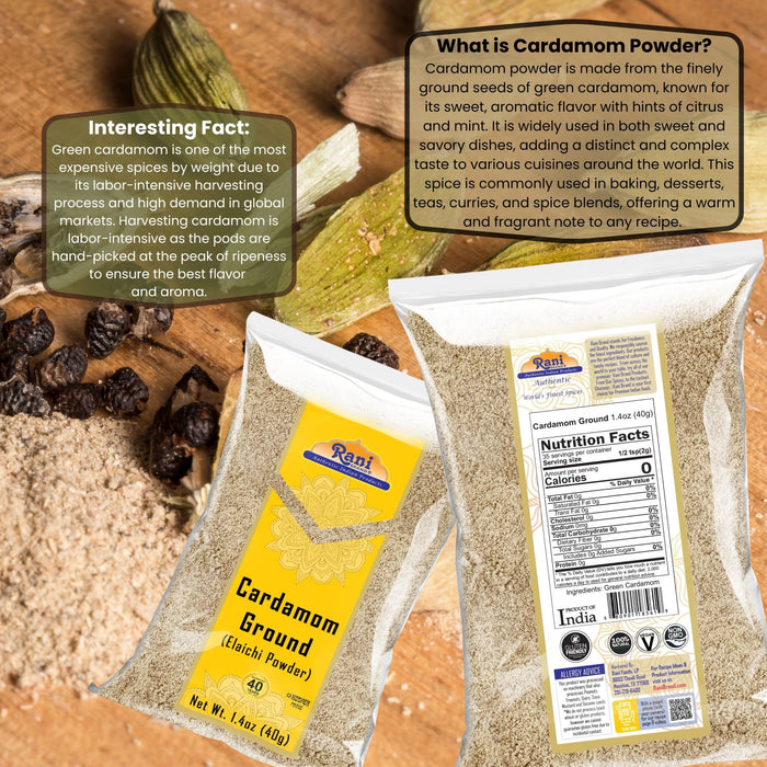 Rani Cardamom (Elachi) Ground, Powder Indian Spice 1.4oz (40g) ~ All Natural | No Color added | Gluten Friendly | Vegan | NON-GMO | Kosher | No Salt or fillers