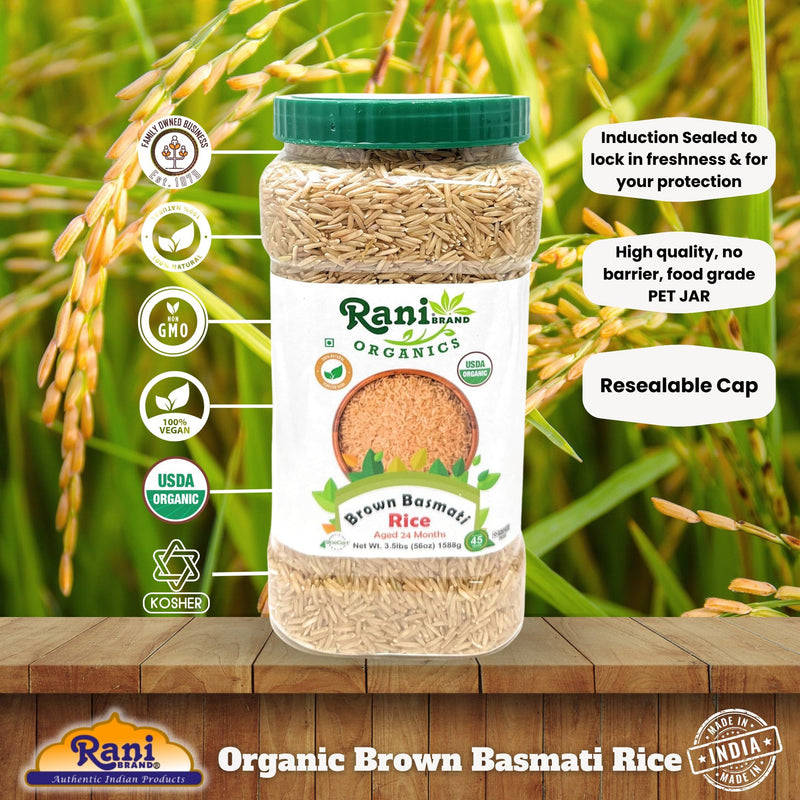 Rani Brown Basmati Rice Extra Long Aged 56oz (3.5lbs) 1.59kg PET Jar ~ All Natural | Gluten Friendly | Vegan | Indian Origin | Kosher | Export Quality | USDA Certified Organic