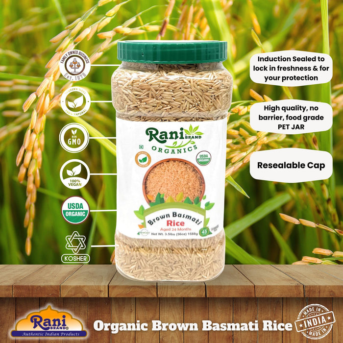 Rani Brown Basmati Rice Extra Long Aged 56oz (3.5lbs) 1.59kg PET Jar ~ All Natural | Gluten Friendly | Vegan | Indian Origin | Kosher | Export Quality | USDA Certified Organic