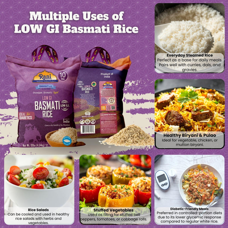 Rani White Basmati Rice Low GI (Glycemic Index) Extra Long Aged, Ideal for Diabetics, 10lbs (160oz) 4.53kg Cloth Bag ~ All Natural | Gluten Free | Vegan | Indian Origin | Export Quality