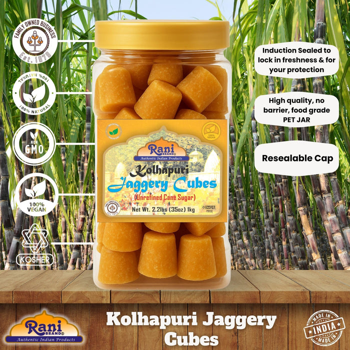 Rani Kolhapuri Jaggery Cubes (Unrefined Cane Sugar) 35oz (2.2bs) 1kg PET Jar ~ All Natural, No Color added, Gluten Friendly | Vegan | NON-GMO | Kosher | No Salt or fillers