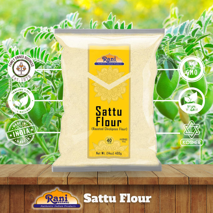 Rani Sattu Flour (Roasted Chana Gram) 14oz (400g) ~ Natural, Salt-Free | Vegan | No Colors | Gluten Friendly | NON-GMO | Kosher | Indian Origin