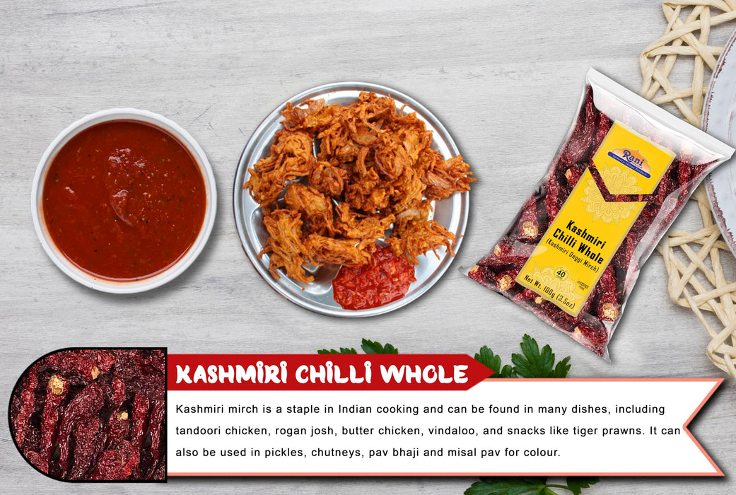 Rani Kashmiri Chilli Whole (Deggi Mirch, Low Heat) 3.5oz (100g) ~ Natural | Salt-Free | Vegan | No Colors | Gluten Friendly | NON-GMO | Kosher | Indian Origin