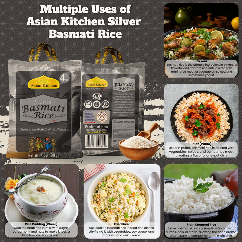 Asian Kitchen Silver White Basmati Rice Aged, 4 Pound (4lbs, 1.81kg) ~ All Natural | Gluten Friendly | Vegan | Indian Origin | Export Quality