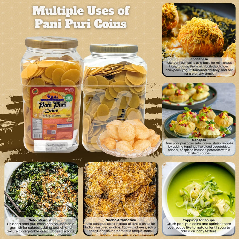 Rani Pani Puri Coins (Uncooked, Microwaveable Wheat Semolina Coins) 64oz (4lbs) w/Pani Puri Masala (14-Spice Blend for Indian Spicy Water) 1.75oz (50g) ~ All Natural | Vegan | NON-GMO | Kosher