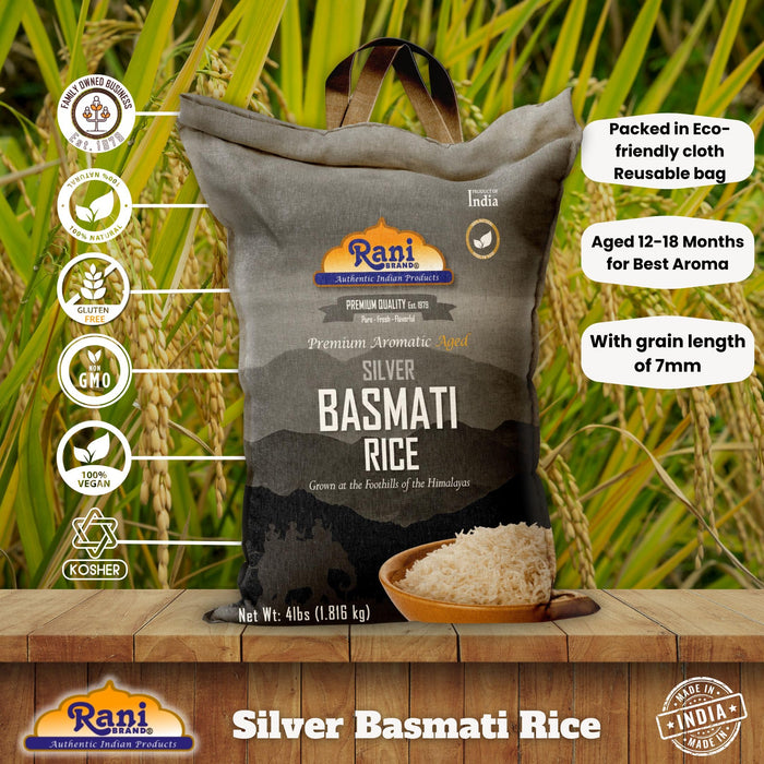 Rani Silver White Basmati Rice Extra Long Aged 4-Pound Bag, 4lbs (64oz) 1.81kg ~ All Natural | Gluten Friendly | Vegan | Indian Origin | Kosher | Export Quality