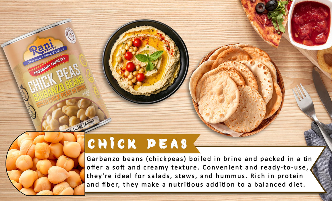 Rani Chick Peas, Garbanzo Beans (Boiled Chick Peas in Brine) Kabuli Chana 14oz (400g) Pack of 2 ~ Easy Open Can | All Natural | Vegan | Gluten Friendly | NON-GMO | Kosher | Indian Origin