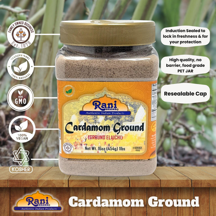 Rani Cardamom (Elachi) Ground, Powder Indian Spice 16oz (1lb) 454g PET Jar ~ All Natural | No Color Added | Gluten Friendly | Vegan | NON-GMO | Kosher | No Salt or Fillers