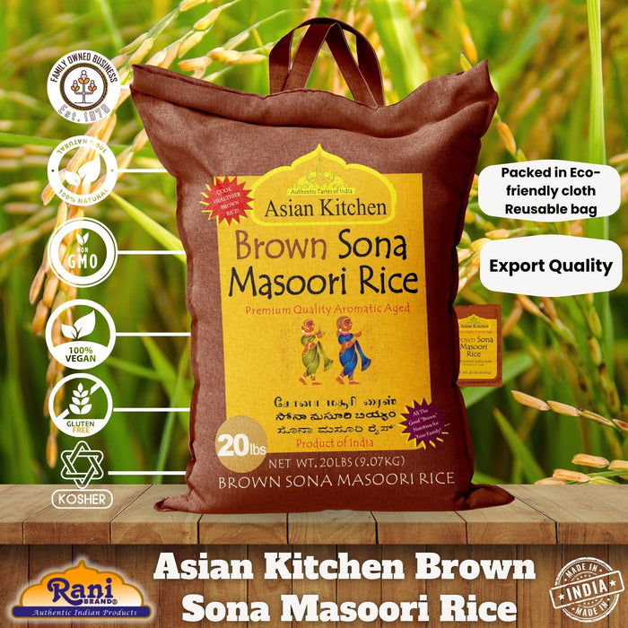Asian Kitchen Brown Sona Masoori Aged Rice 20lbs (9.08kg) Short Grain Rice ~ All Natural | Gluten Friendly | Vegan | Kosher | Indian Origin | Export Quality