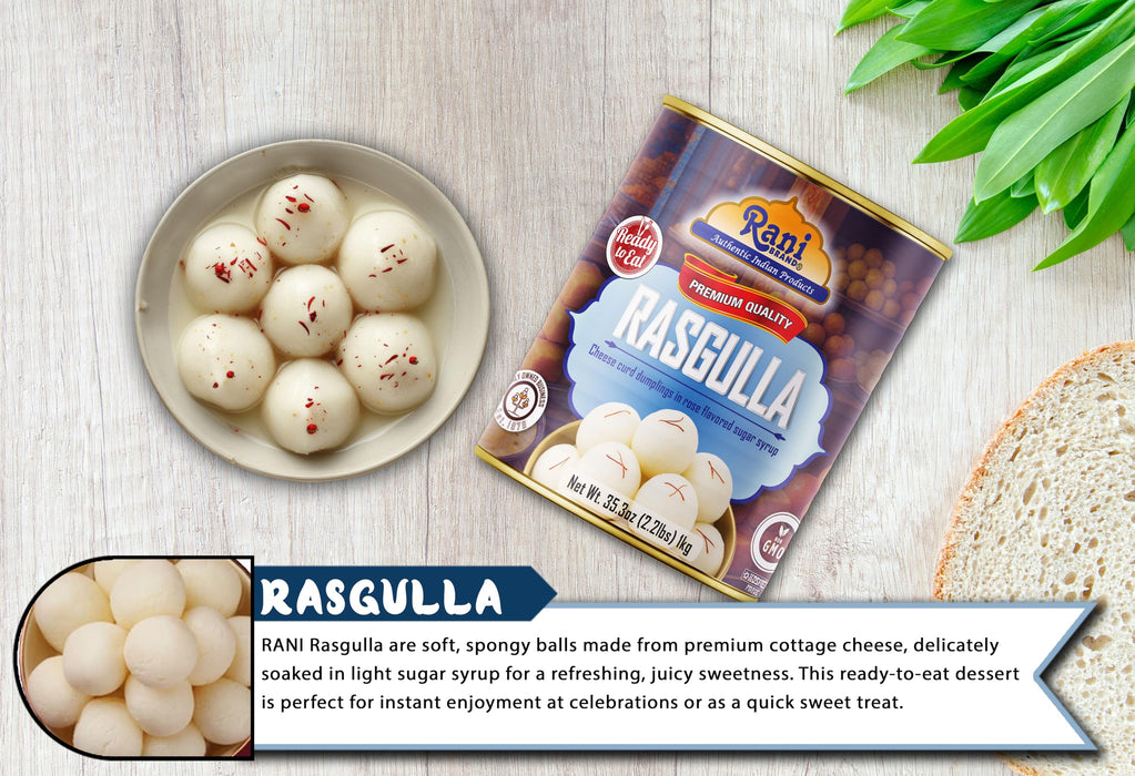 Rani Rasgulla (Cheese Curd Dumplings in Rose Flavor) 35.3oz (2.2lbs) 1kg Pack of 18, Approximately 14 pieces, Easy Open Lid ~ Ready to eat | Gluten Free | Non-GMO | Kosher | Indian Origin