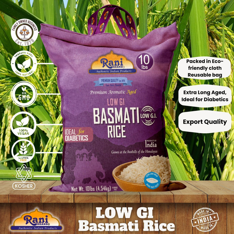 Rani White Basmati Rice Low GI (Glycemic Index) Extra Long Aged, Ideal for Diabetics, 10lbs (160oz) 4.53kg Cloth Bag ~ All Natural | Gluten Free | Vegan | Indian Origin | Export Quality