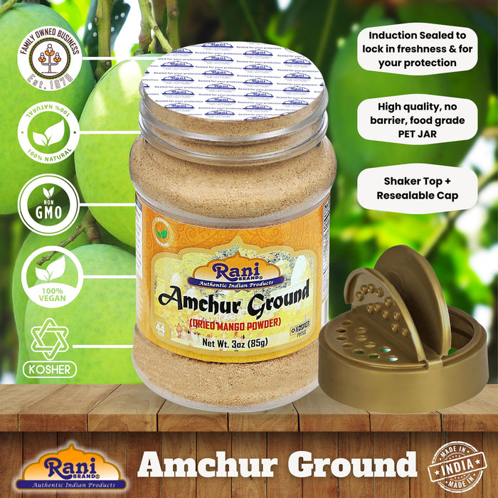 Rani Amchur (Mango) Ground Powder Spice 3oz (85g) PET Jar ~ All Natural | Gluten Friendly | Vegan | NON-GMO | No Salt or Fillers | Kosher | Indian Origin