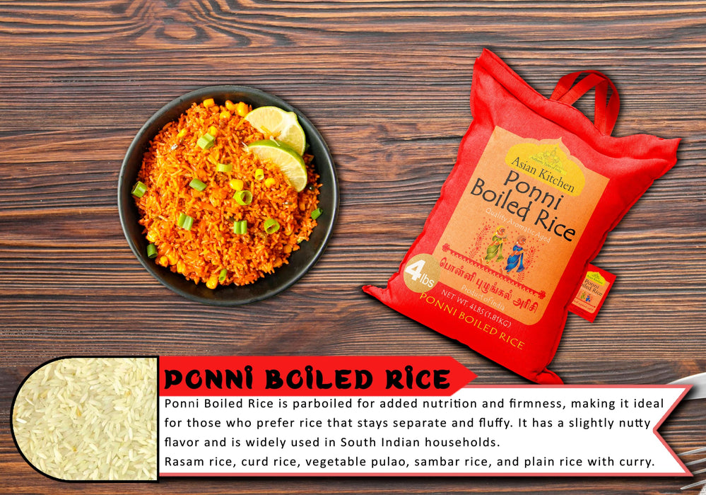 Asian Kitchen Ponni Boiled Rice 4-Pound Bag, 4lbs (1.81kg) Short Grain Par Boiled Rice ~ All Natural | Gluten Friendly | Vegan