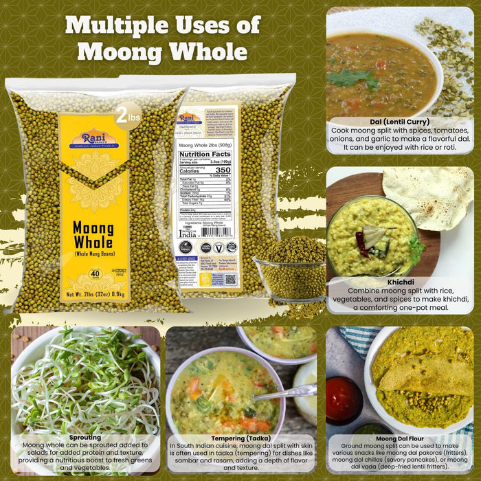 Rani Moong Whole (Ideal for cooking & sprouting, Whole Mung Beans with skin) Lentils Indian 32oz (2lbs) 908g ~ All Natural | Gluten Friendly | Non-GMO | Kosher | Vegan | Indian Origin