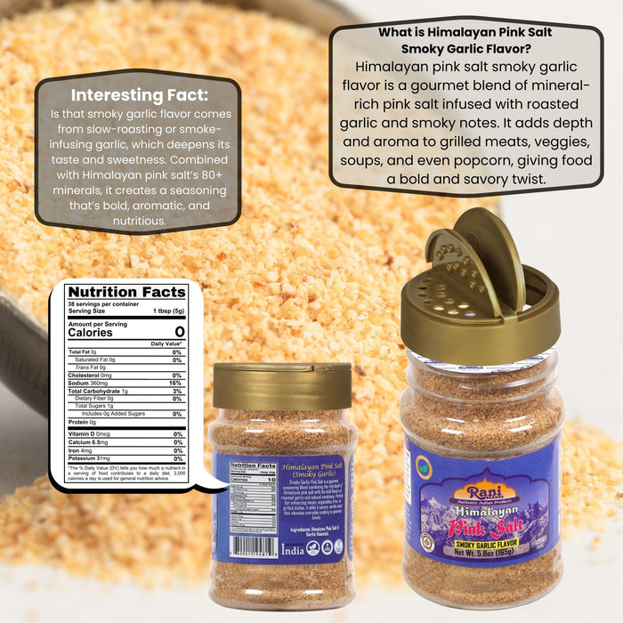 Rani Himalayan Pink Salt Smokey Garlic Flavor (84 Essential Trace Minerals) 5.8oz (164g) PET Jar ~ All Natural | Vegan | Gluten Friendly | NON-GMO | Indian Origin