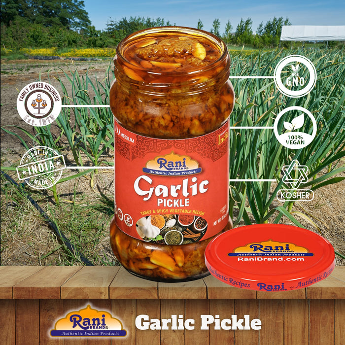 Rani Garlic Pickle Mild (Achar, Spicy Indian Relish) 10.5oz (300g) ~ Glass Jar, All Natural | Vegan | Gluten Free | NON-GMO | Kosher | No Color | Indian Origin