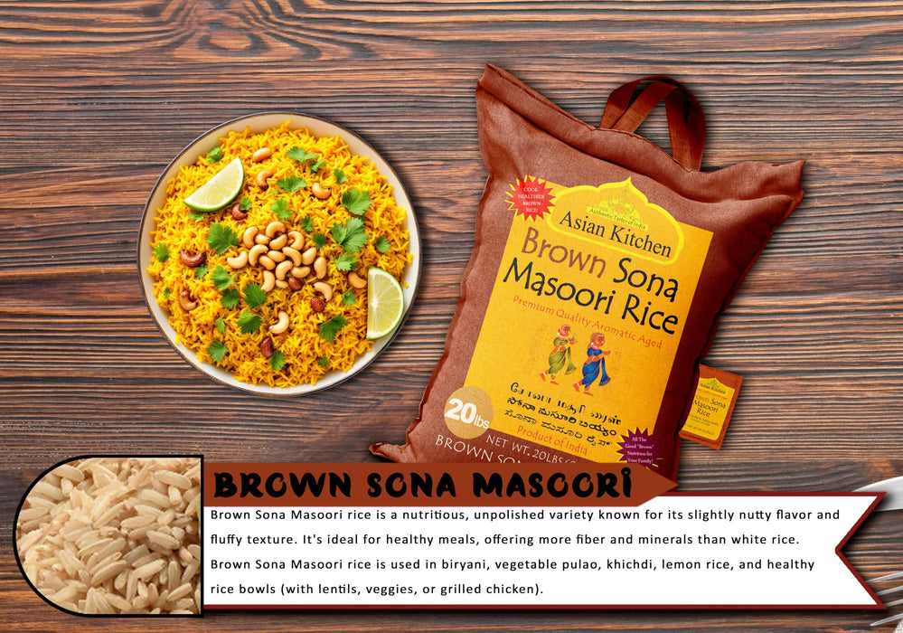 Asian Kitchen Brown Sona Masoori Aged Rice 20lbs (9.08kg) Short Grain Rice ~ All Natural | Gluten Friendly | Vegan | Kosher | Indian Origin | Export Quality