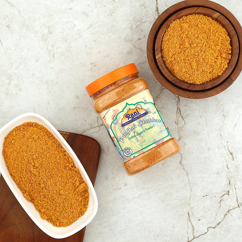 Rani Punjabi Shakkar (Gur Jaggery Powder) Indian Unrefined Raw Cane Sugar 17.5oz (1.1lbs) 500g PET Jar ~ Gluten Friendly | Vegan |  Kosher | NON-GMO | No Salt or fillers | Indian Product