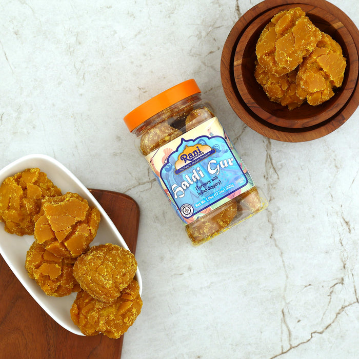 Rani Haldi Gur (Turmeric with Indian Jaggery) Indian Unrefined Raw Cane Sugar 17.5oz (1.1lbs) 500g PET Jar ~ Gluten Friendly | Vegan | NON-GMO | Kosher | No Salt or fillers | Indian Product