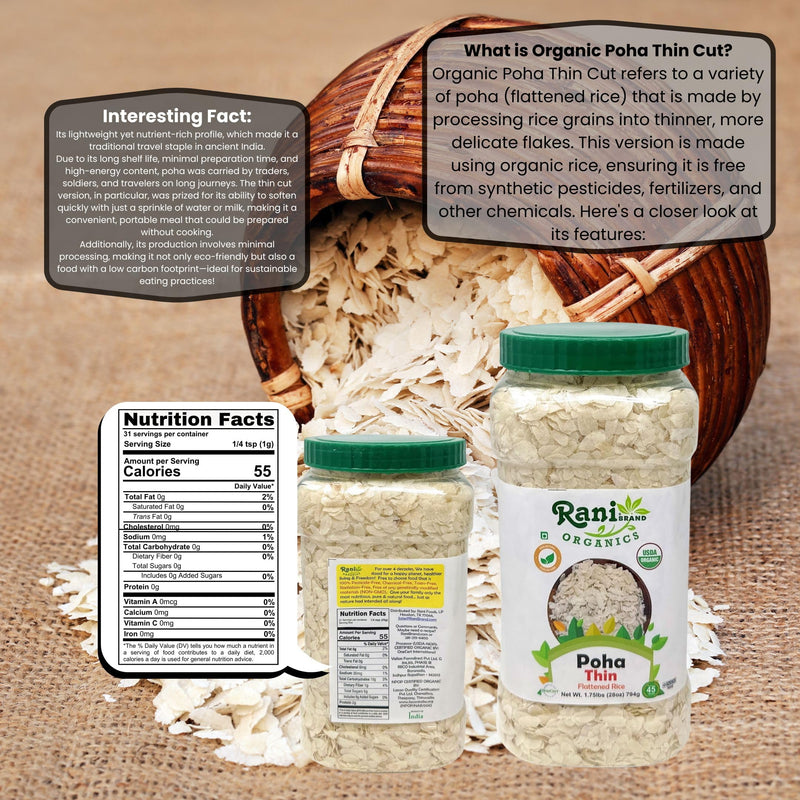 Rani Organic Poha (Powa) Thin Cut (Flattened Rice) 28oz (1.75lbs) 800g PET Jar ~ All Natural, Salt-Free | Vegan | Kosher | No Colors | Gluten Friendly | Indian Origin | USDA Certified Organic